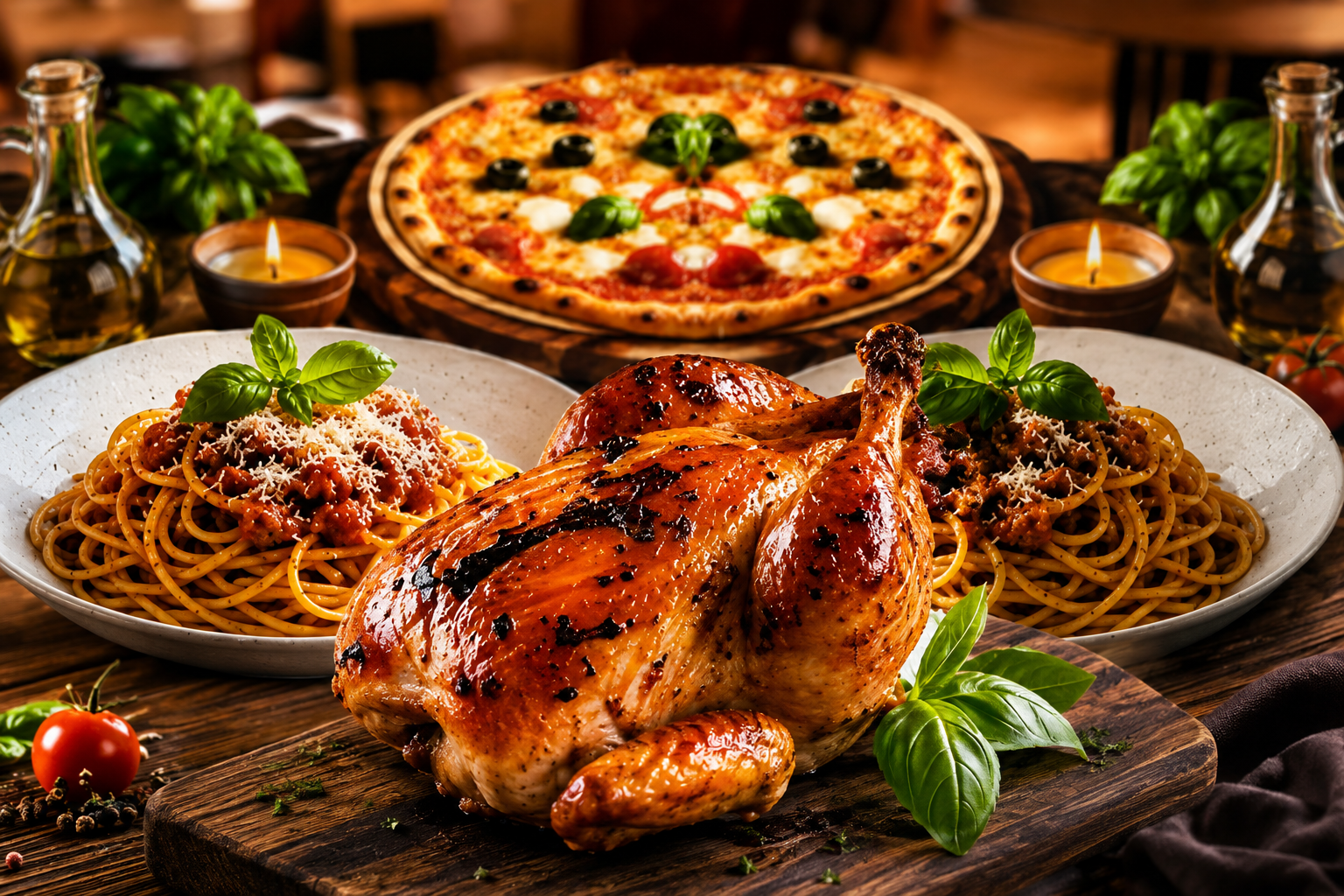 Pizza, spaghetti and roast chicken presented as a Trattoria food spread